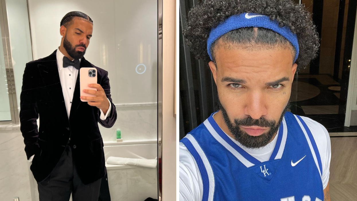 Drake in a suit. Right: Drake with a sweatband on his head wearing a jersey.