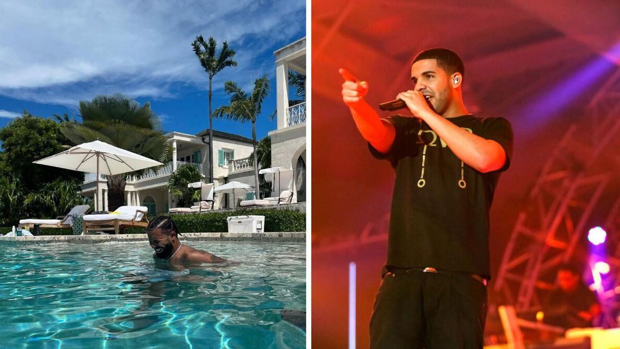 Drake in a swimming pool. Right: Drake performing in 2011.