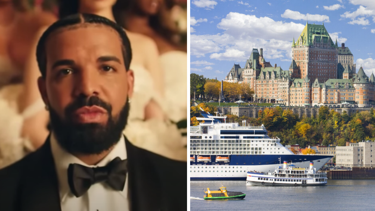 Drake in "Falling Back" music video. Right: Quebec city.