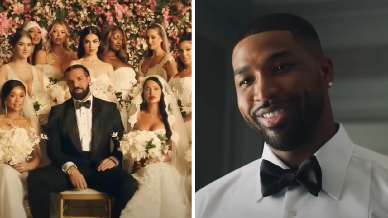 Drake in his new music video for "Falling Back". Right: Tristan Thompson as his best man in the music video.
