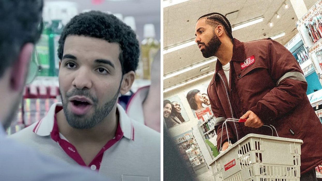 Drake in the "Started From The Bottom" music video in Shoppers. Right: Drake shopping in Shoppers.