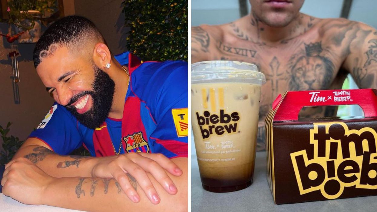 Drake laughing. Right: Justin Bieber with Biebs Brew and Timbiebs.