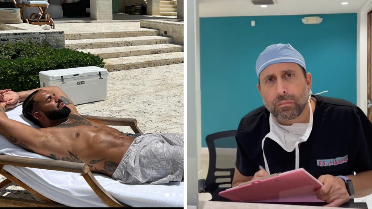 Drake laying outside. Right: Dr. Miami on TikTok.