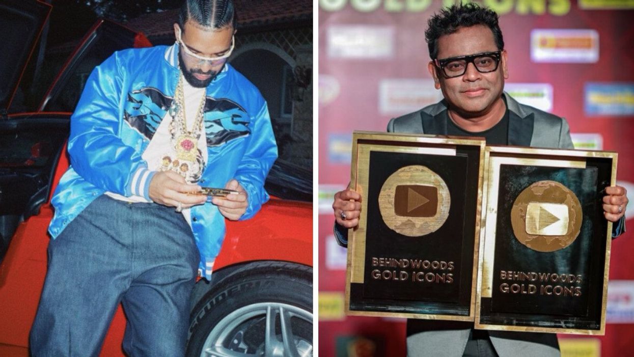 Drake leaning against car. Right: A.R. Rahman with awards. 
