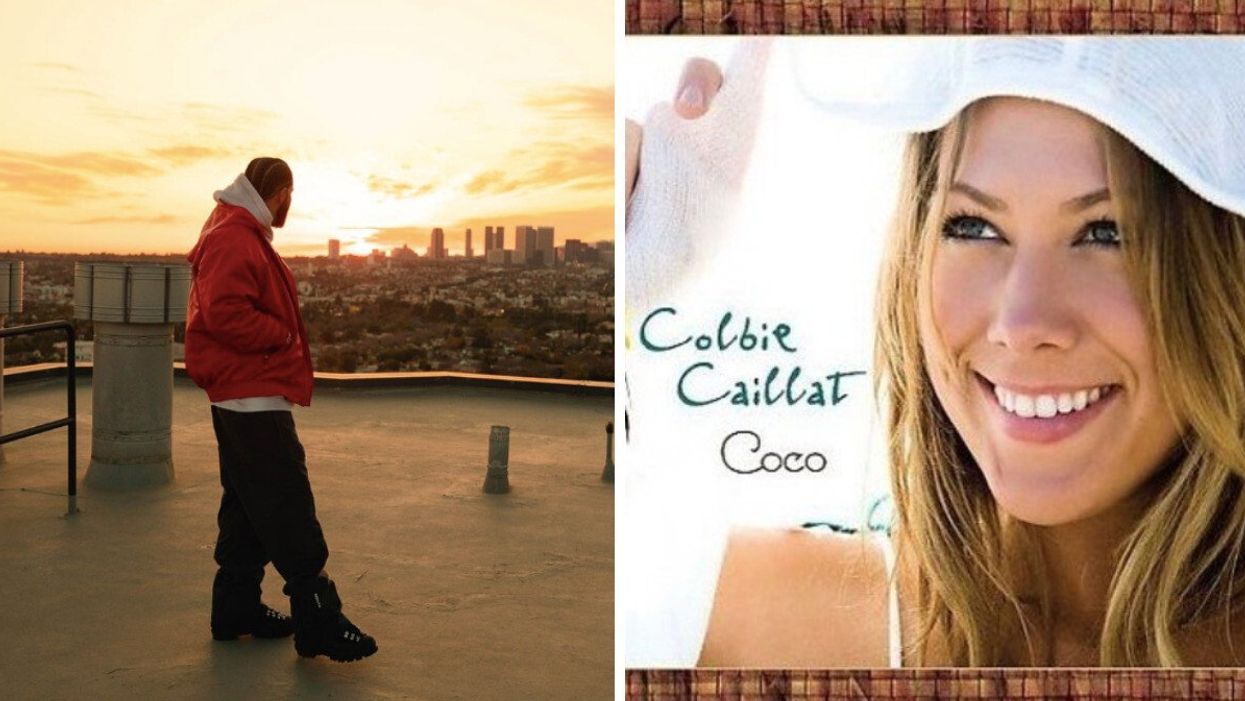 Drake looking at sunset. Right: Album cover of Coco.