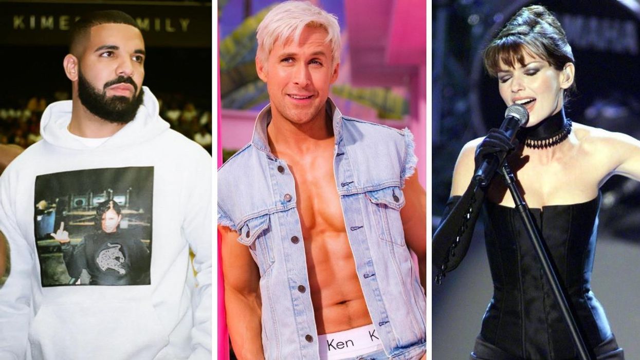 Drake. Middle: Ryan Gosling as Ken in Barbie. Right: Shania Twain.