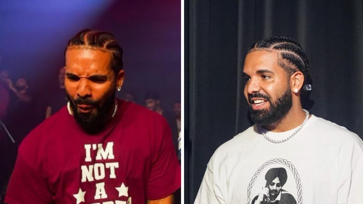 Drake onstage at OVO. Right: Drake looking to the side.