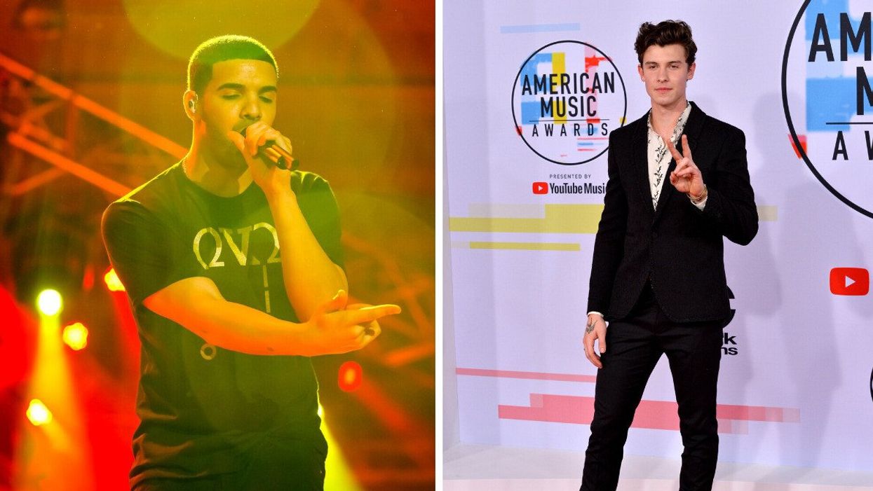 Drake performing at a concert. Right: Shawn Mendes.