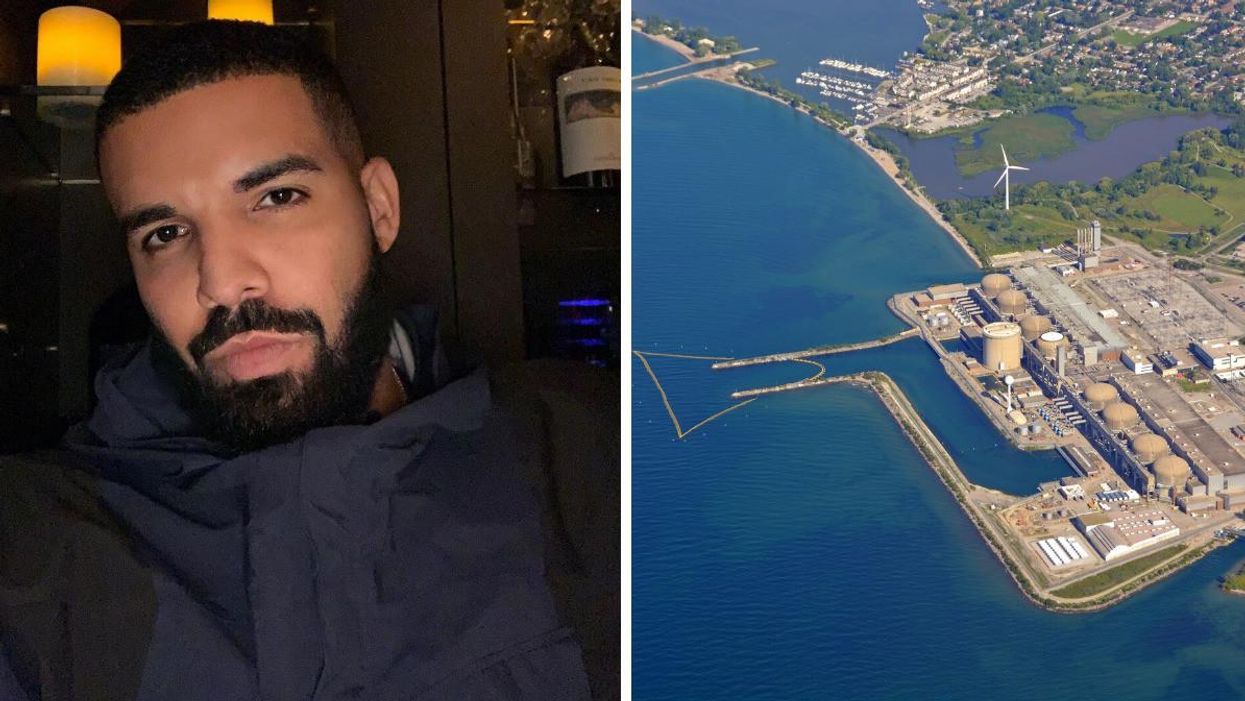 Drake posing for a selfie. Right: Aerial photo of the City of Pickering.