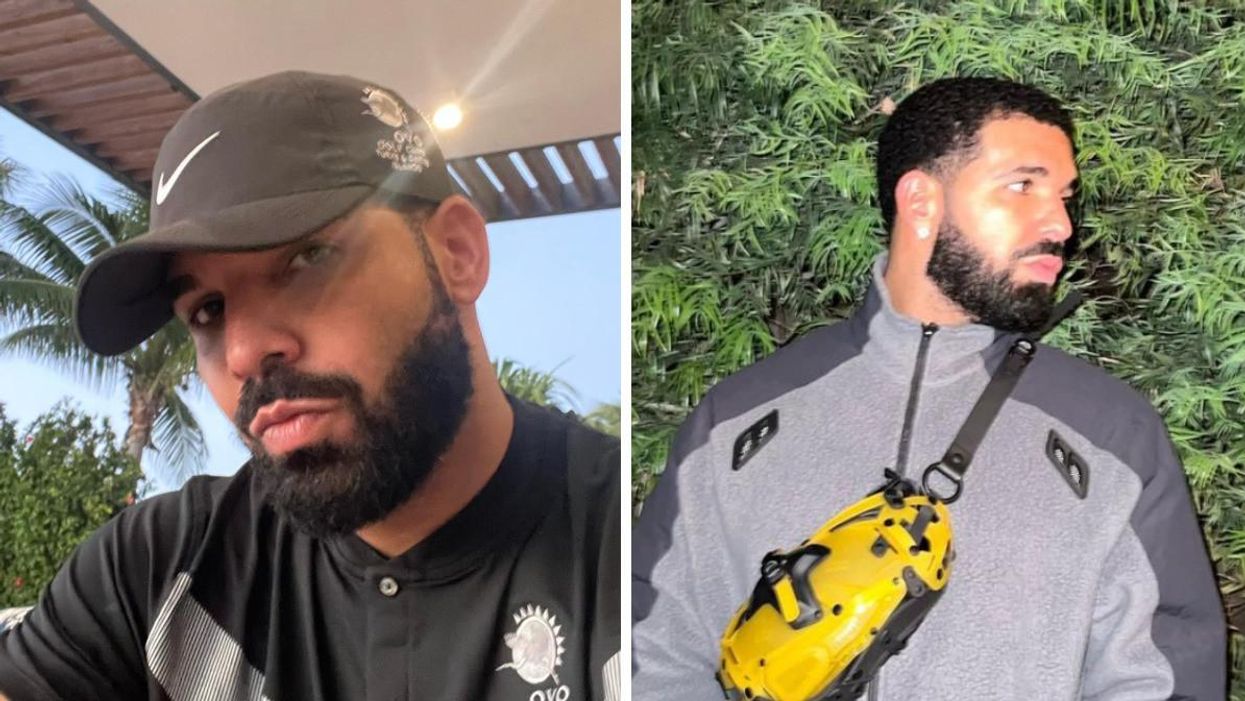 Drake posing for a selfie. Right: Drake looking off into the distance.