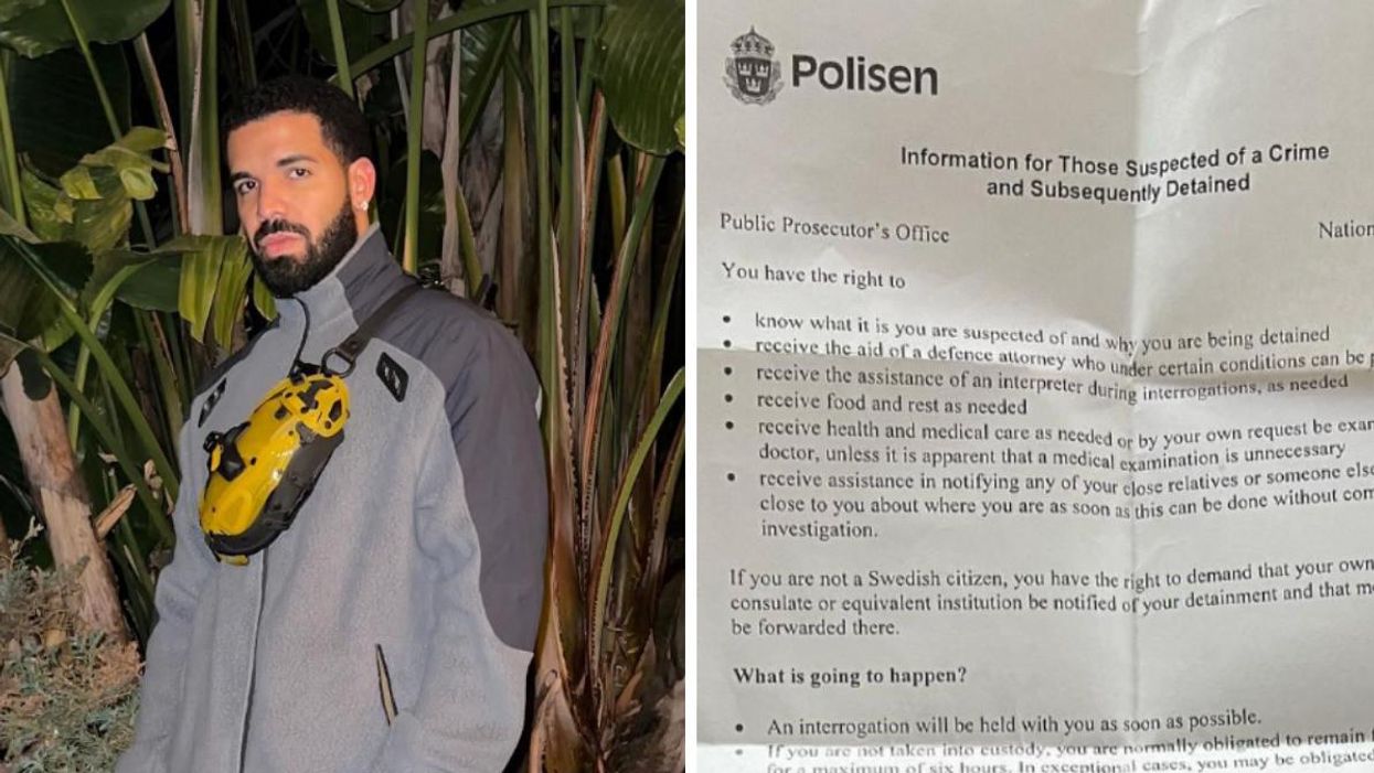 Drake posing for the camera. Right: A notice from Swedish police.