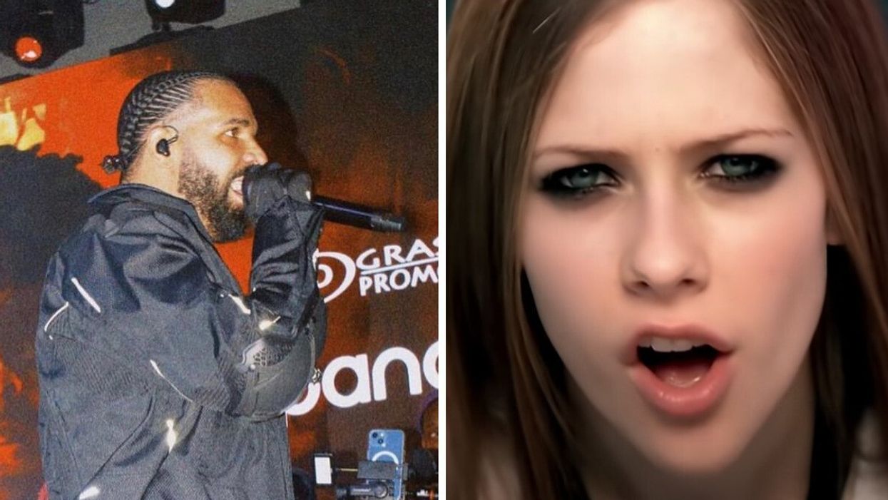 Drake rapping. Right: Avril Lavigne in the "Complicated" music video.