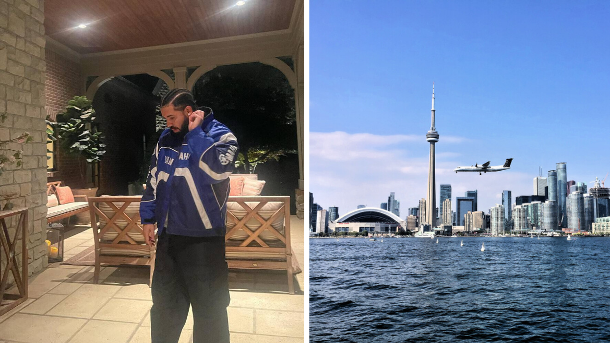 Drake. Right: A plane flying over Toronto.