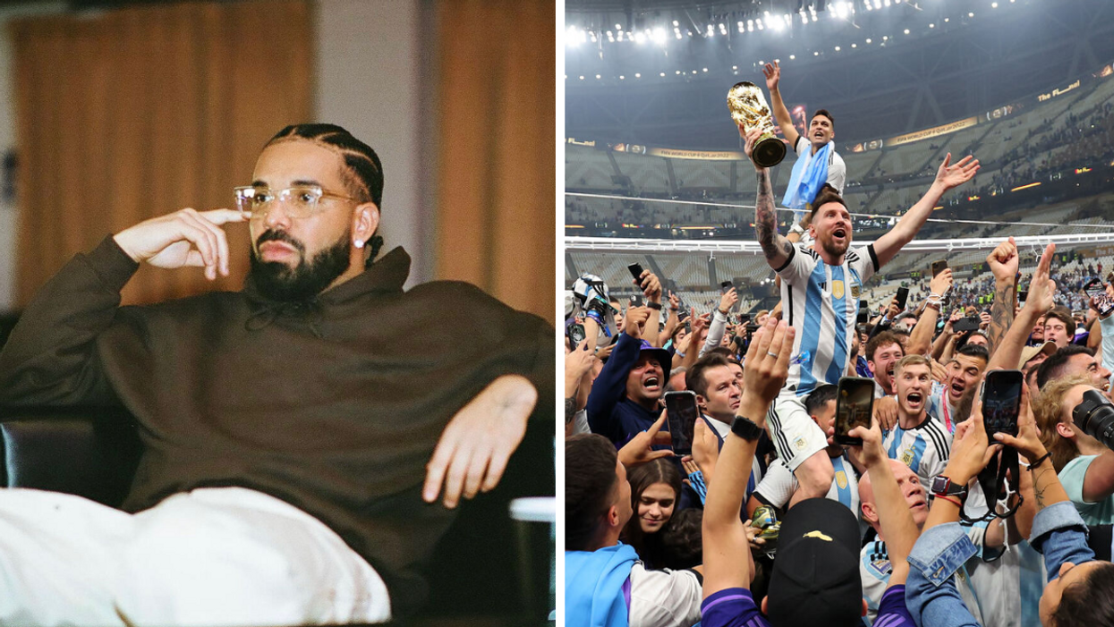Drake. Right: Argentina celebrating World Cup win.