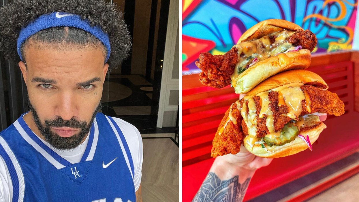 Drake. Right: Dave's Hot Chicken slider.