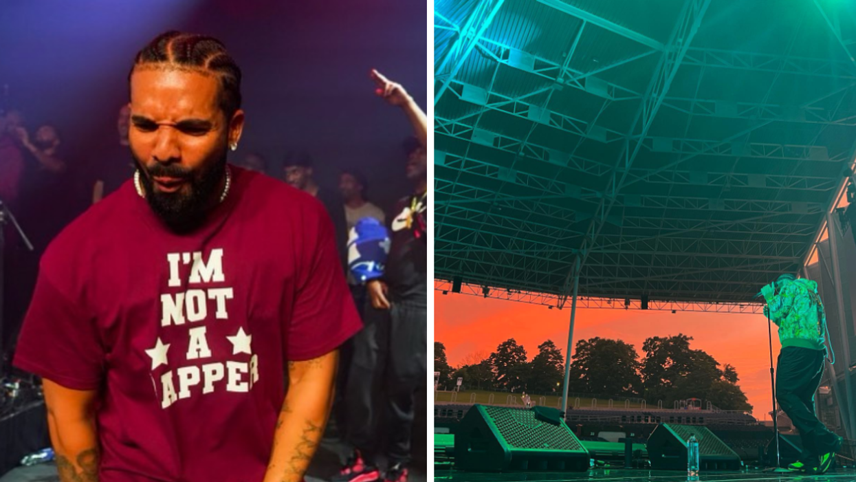Drake. Right: Drake on stage.
