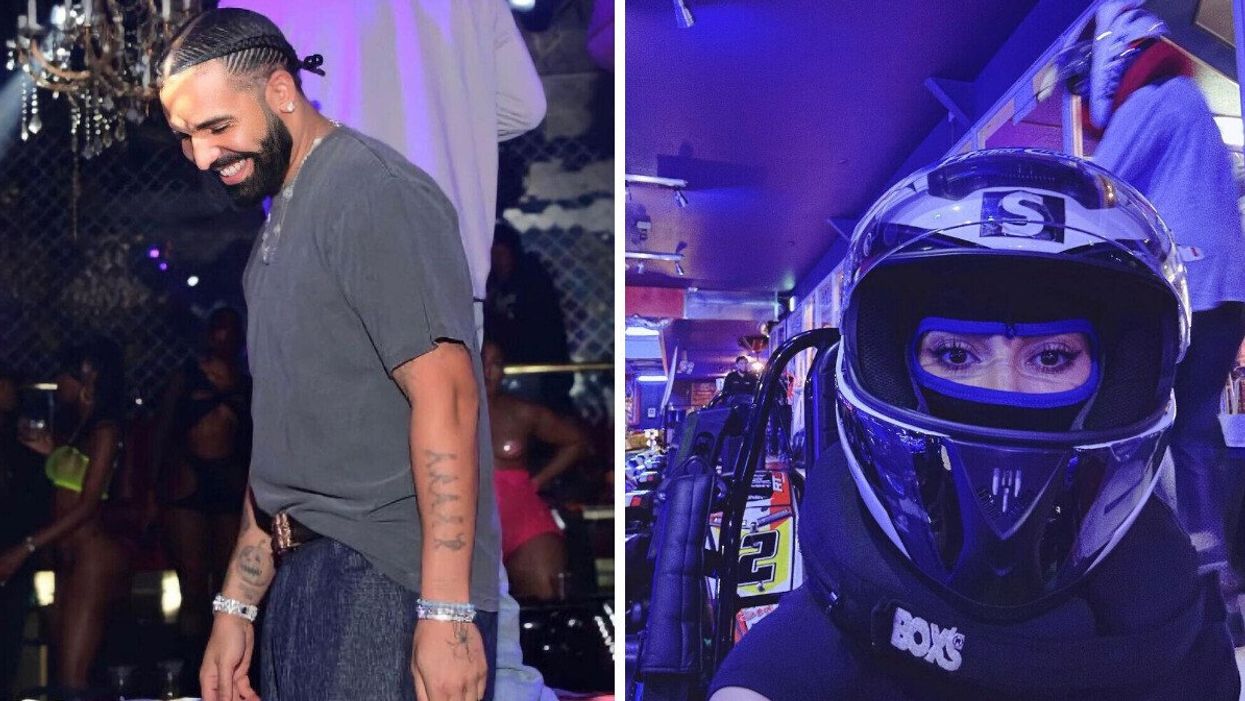 Drake. Right: Kim Kardashian wearing a helmet. 