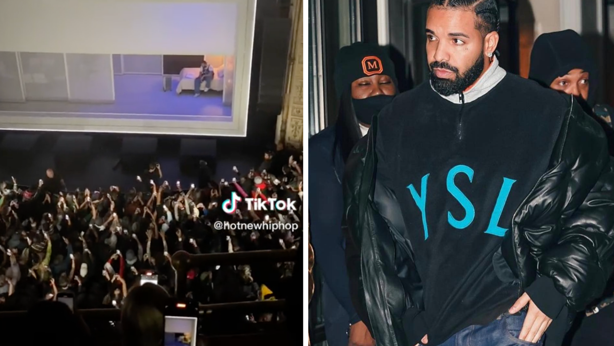 Drake's concert from the second floor. Right: Drake in a YSL sweater.