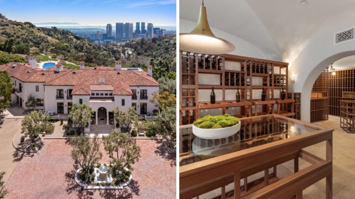 Drake's LA Mansion exterior. Right: Drake's wine cellar.