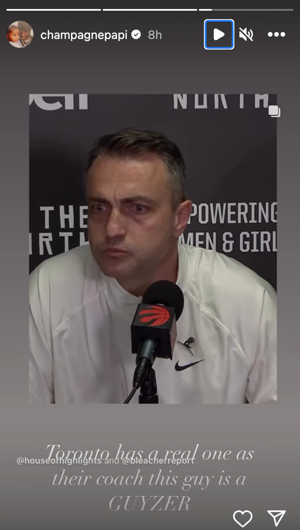 Drake sharing a clip of Toronto Raptors coach Darko Rajakovi\u0107.
