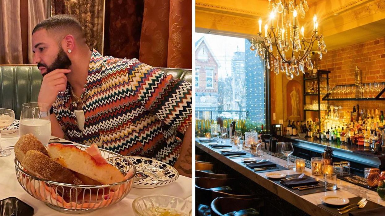 Drake smiles in a restaurant. Right: The Sotto Sotto restaurant bar.