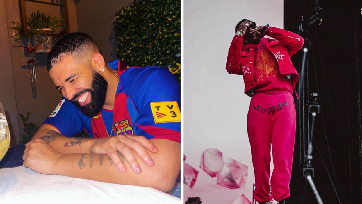 Drake smiling in a blue jersey. Right: Young Thug performing on stage in a pink jumpsuit.