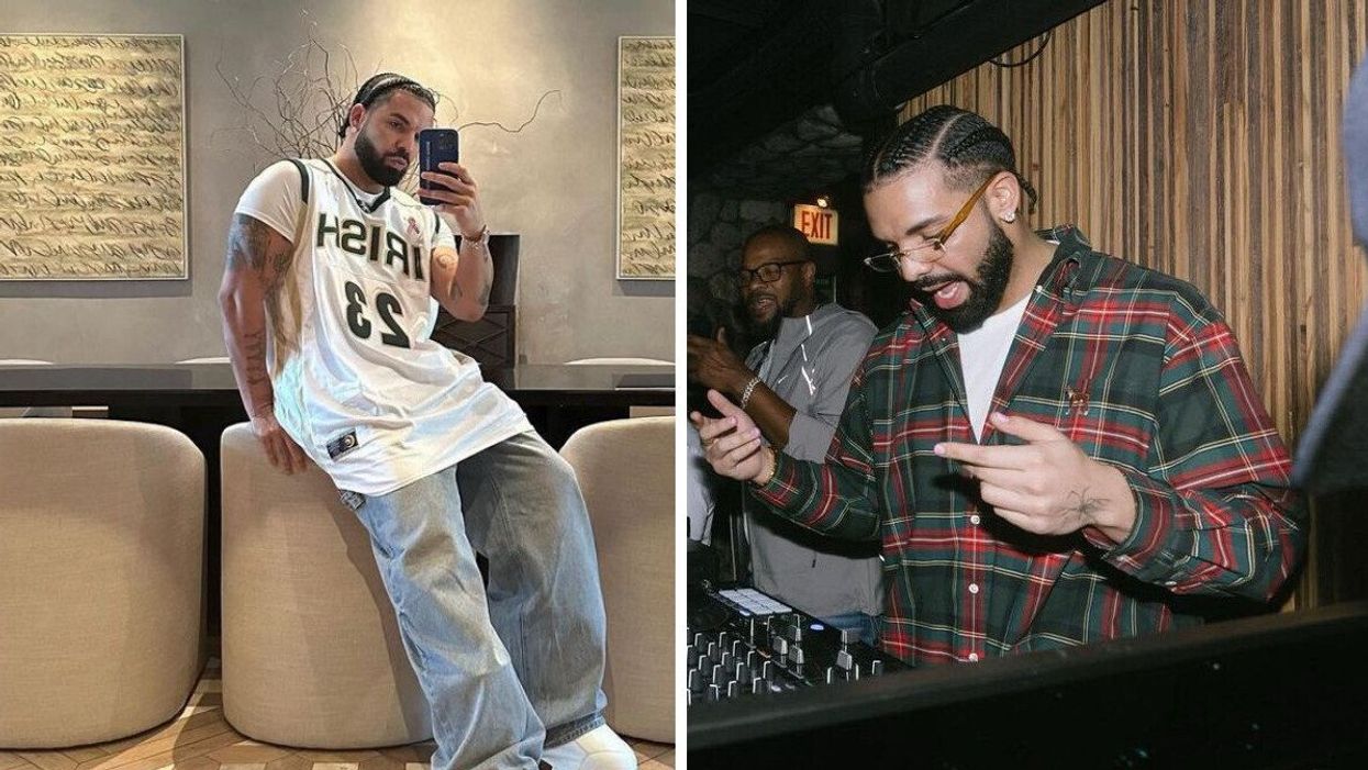 Drake taking a selfie in a mirror. Right: Drake in a DJ booth.