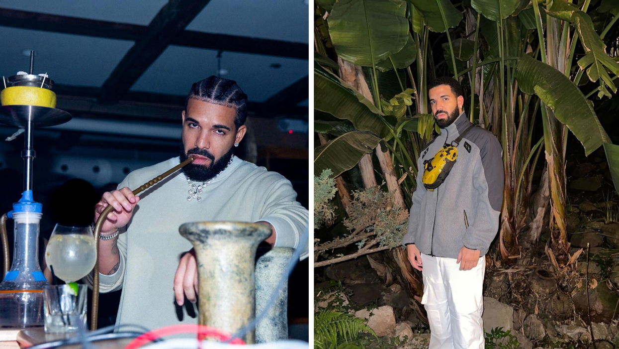 Drake with a hookah. Right: Drake standing with a yellow crossbody bag on.