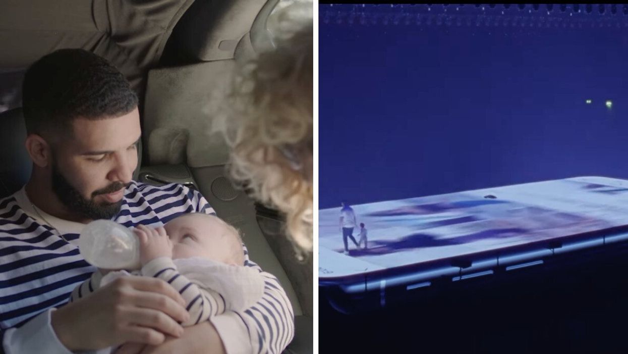 Drake with his son in "It's All A Blur Tour," teaser. Right: Drake seen in "It's All A Blur Tour," teaser.