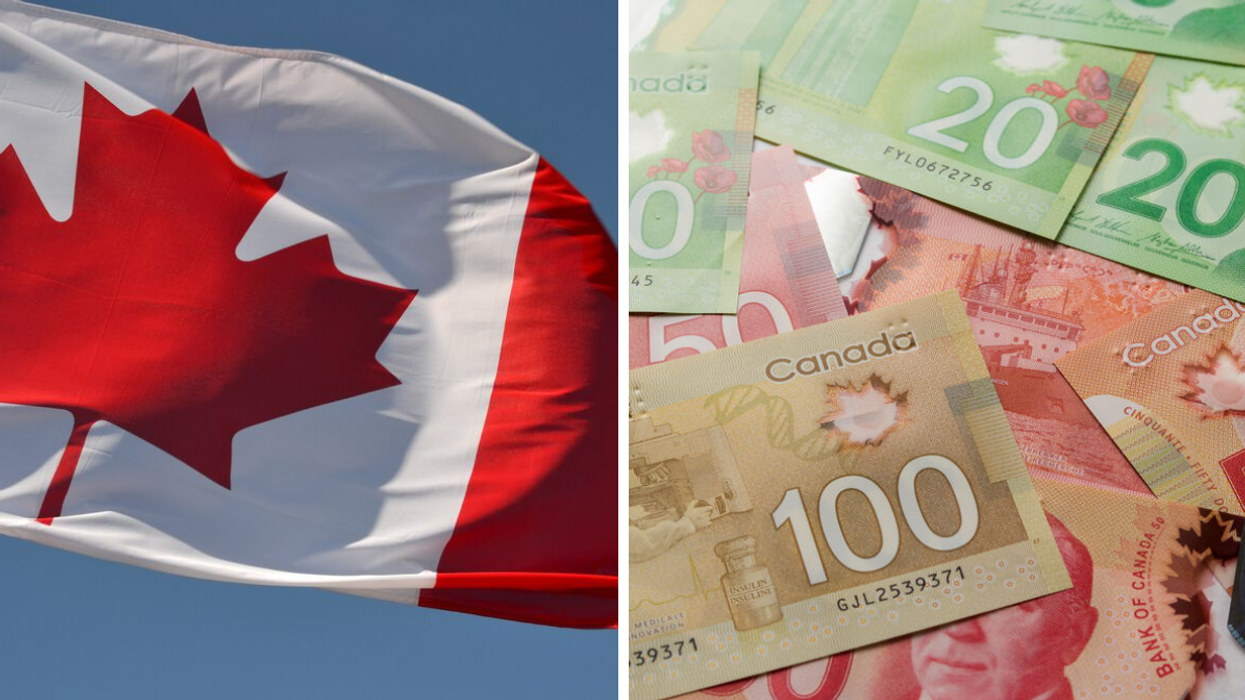 Drapeau du Canada. Droite : Argent canadien.