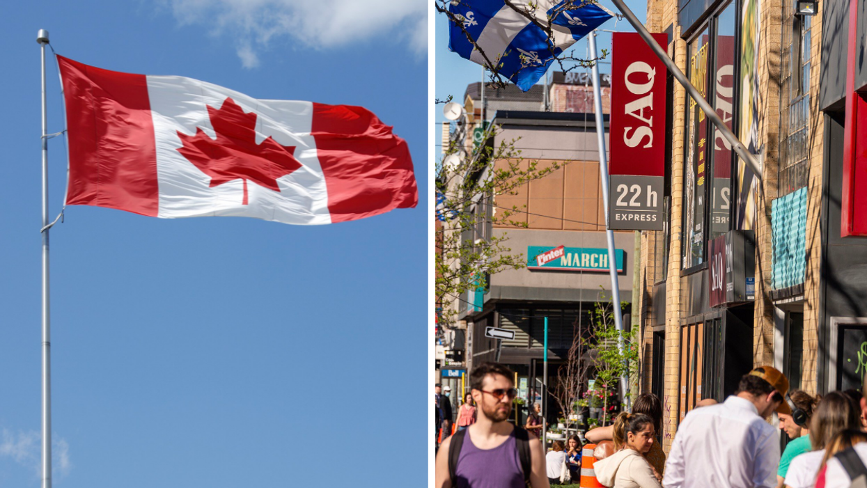 Drapeau du Canada. Droite : Enseigne SAQ.