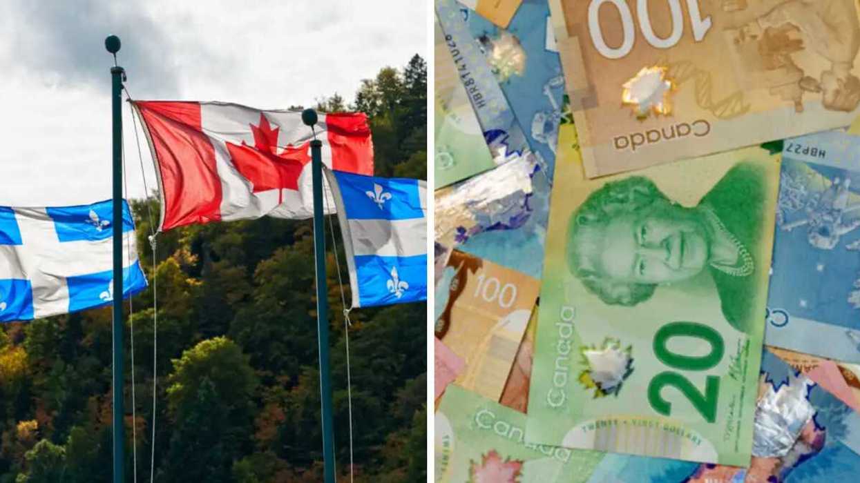 Drapeau du Canada et drapeaux du Québec. Droite : Dollars canadiens.