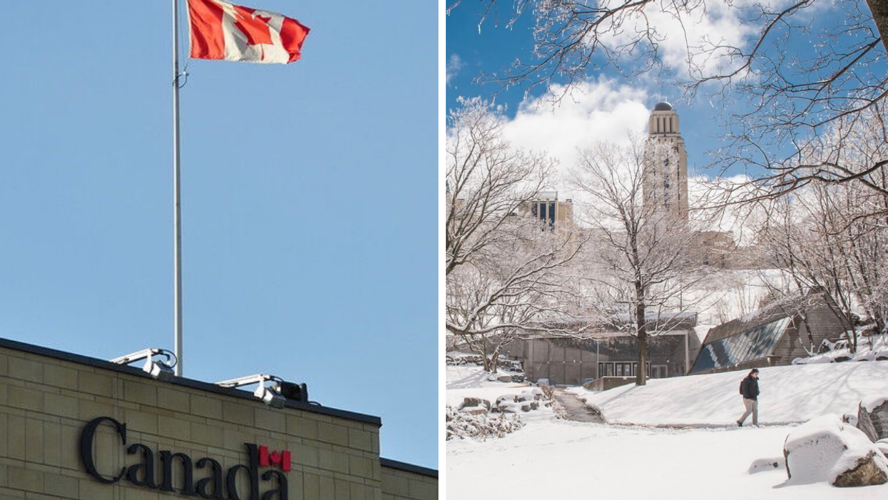 Drapeau du Canada sur édifice du gouvernement. Droite : Université de Montréal.