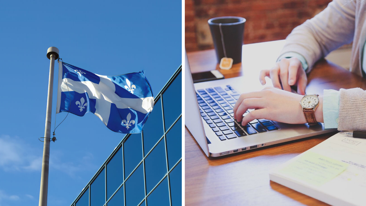 Drapeau du Québec. Droite : Femme à l'ordinateur.