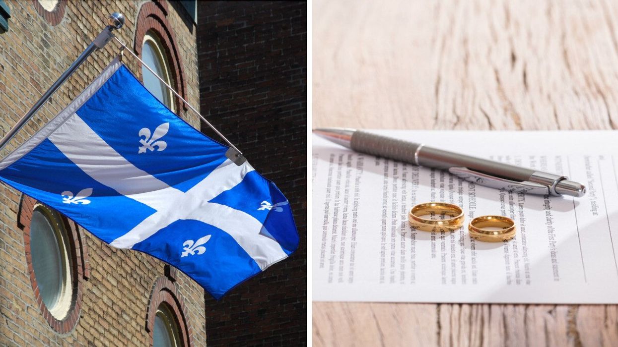 Drapeau du Québec. Droite : Une feuille et deux joncs de mariage.