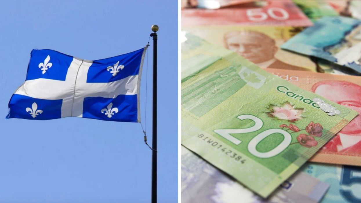 Drapeau québécois. Droite : Argent canadien.