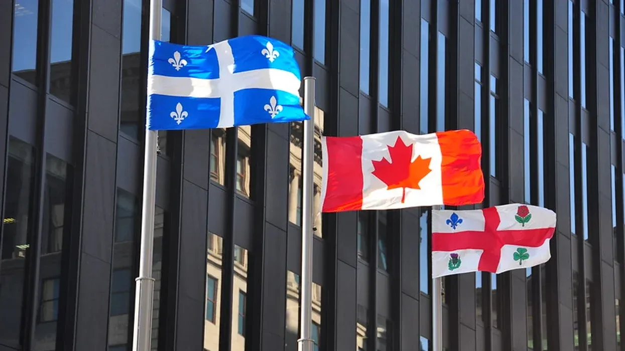Drapeaux du Québec, Canada et Montréal.