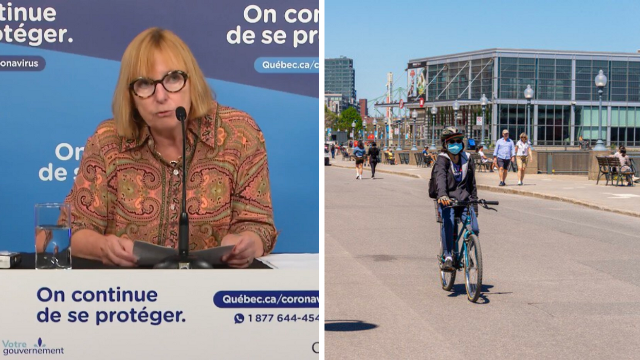 Dre Marie-France Raynault. Droite : Femme portant masque à vélo. 
