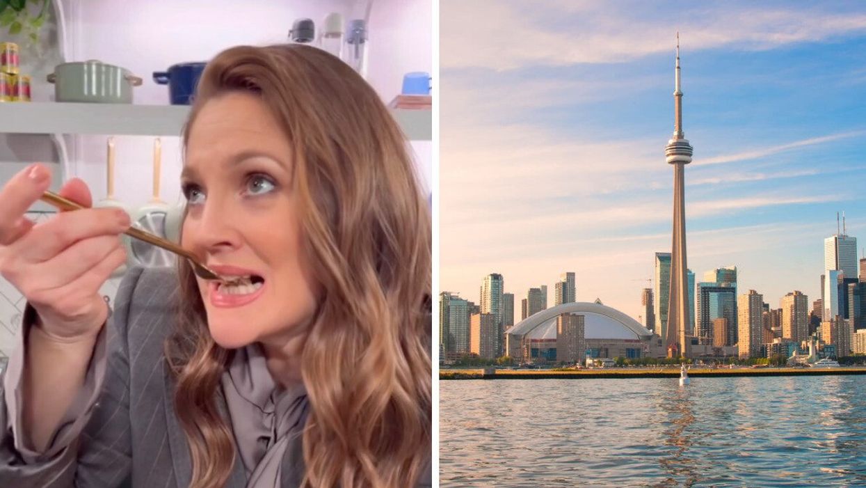 Drew Barrymore eating. Right: CN Tower in Toronto.