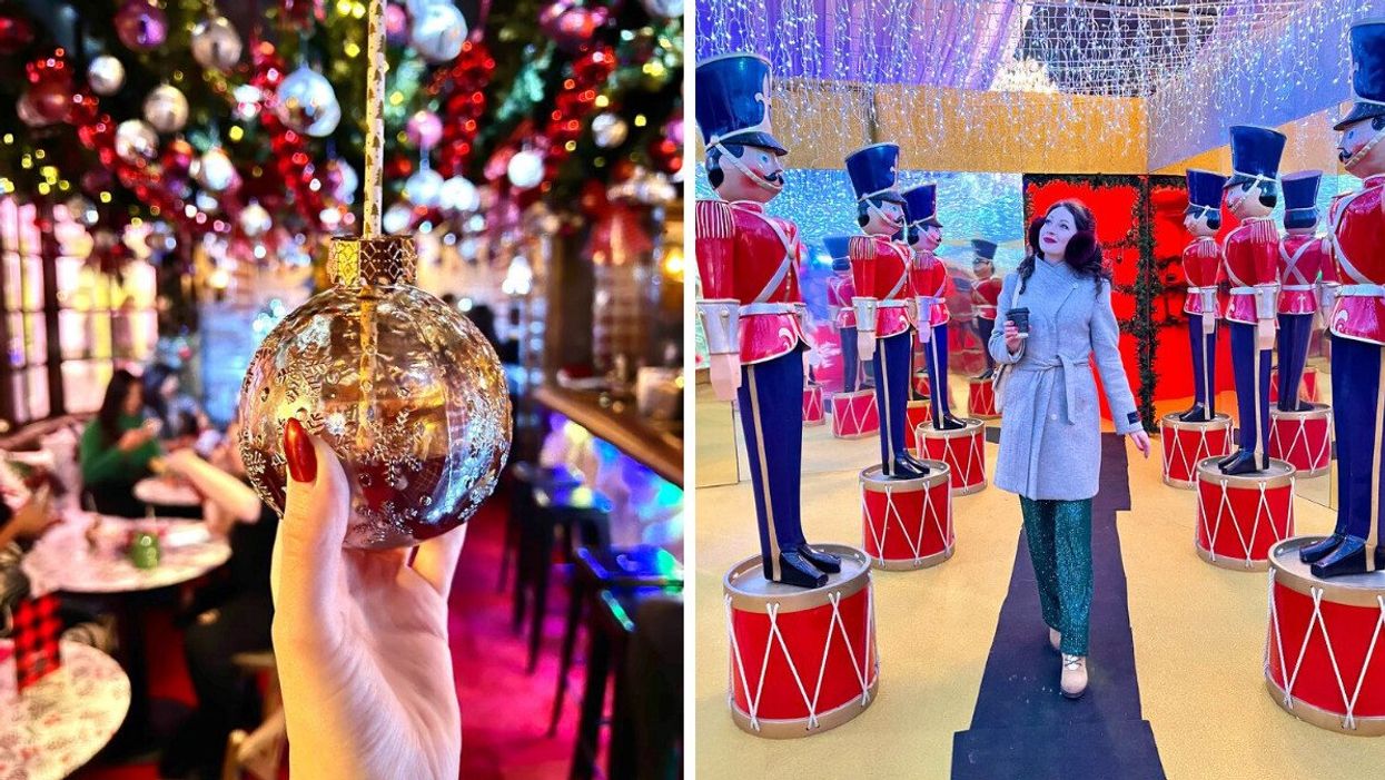 Drink inside an ornament. Right: Madeline at Casa Loma Christmas event.