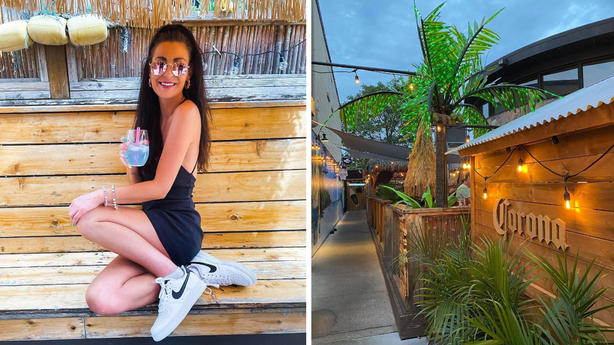 Drinking a summer cocktail on an outdoor patio. Right: Palm trees and vacation decor on a patio.