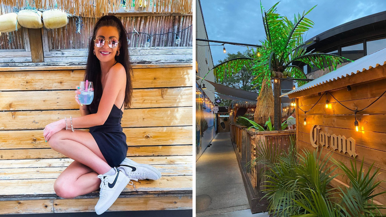 Drinking a summer cocktail on an outdoor patio. Right: Palm trees and vacation decor on a patio.