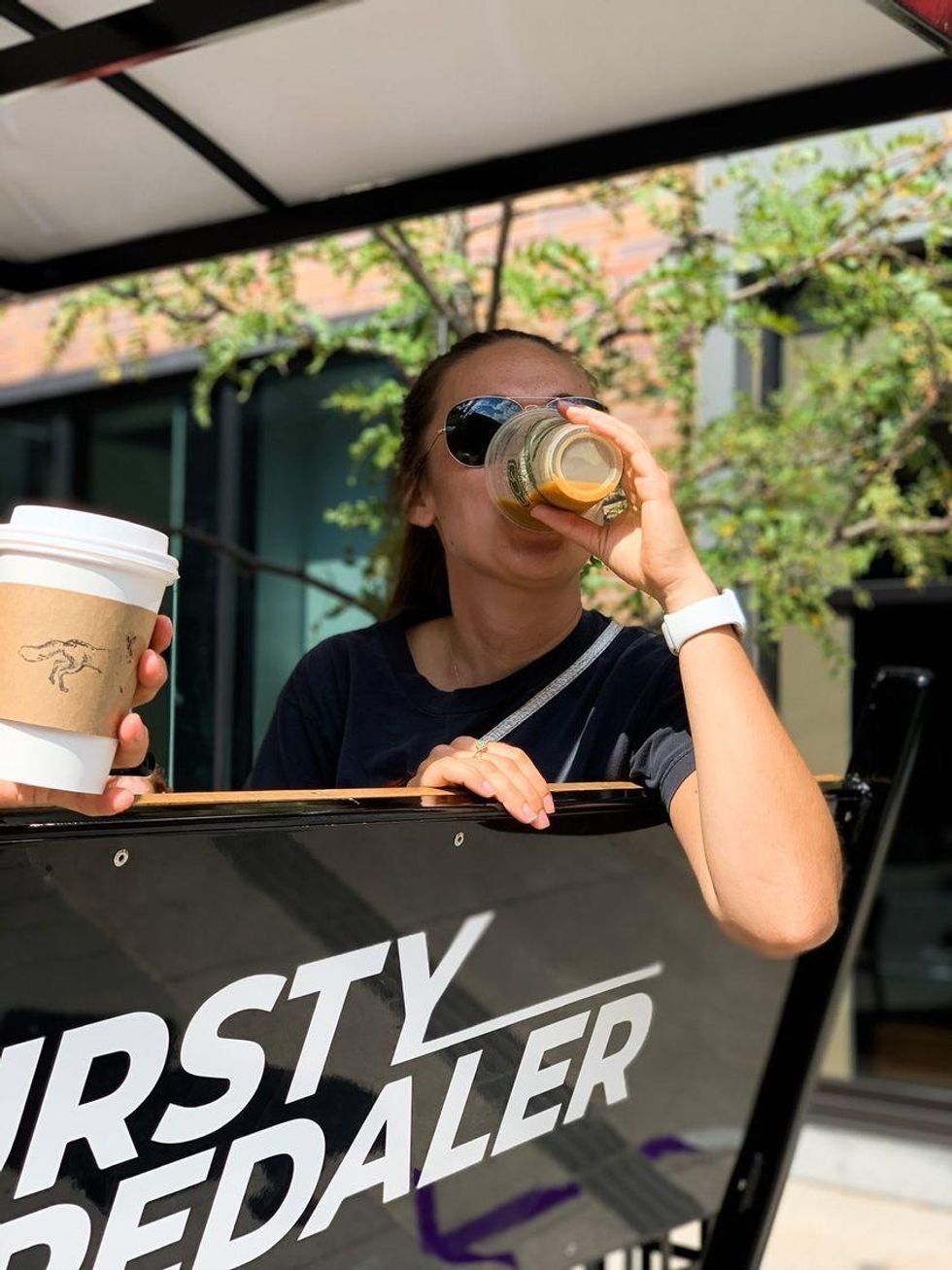Drinking coffee on Ottawa's Thursty Pedaler party bike.