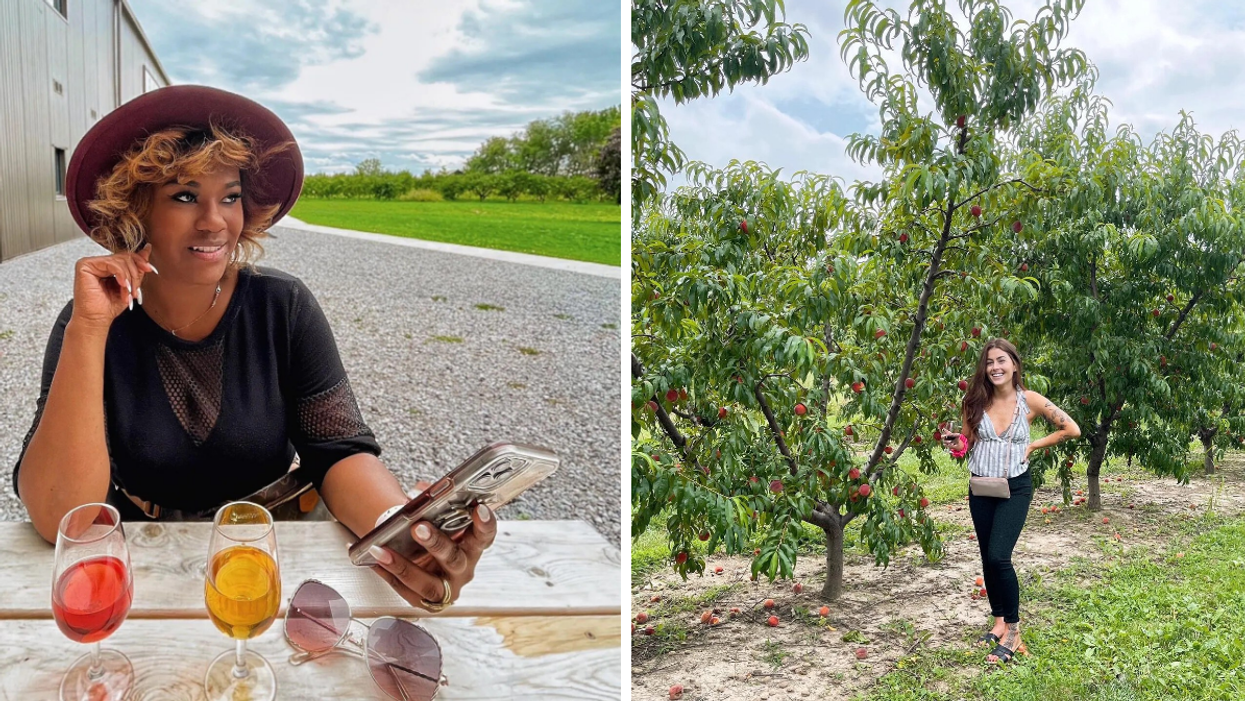 Drinking hard cider on an outdoor patio. Right: Sipping cider in a peach orchard in Ontario.