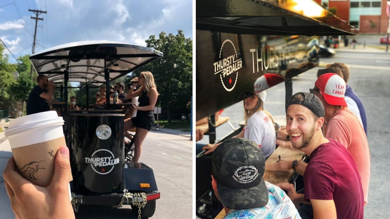 Drinking Little Victories coffee on a party bike. Right: Thursty Pedaler pub crawl in Ottawa.