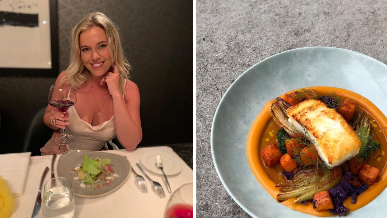 Drinking wine at AG Inspired Cuisine. Right: Fine dining halibut plate.