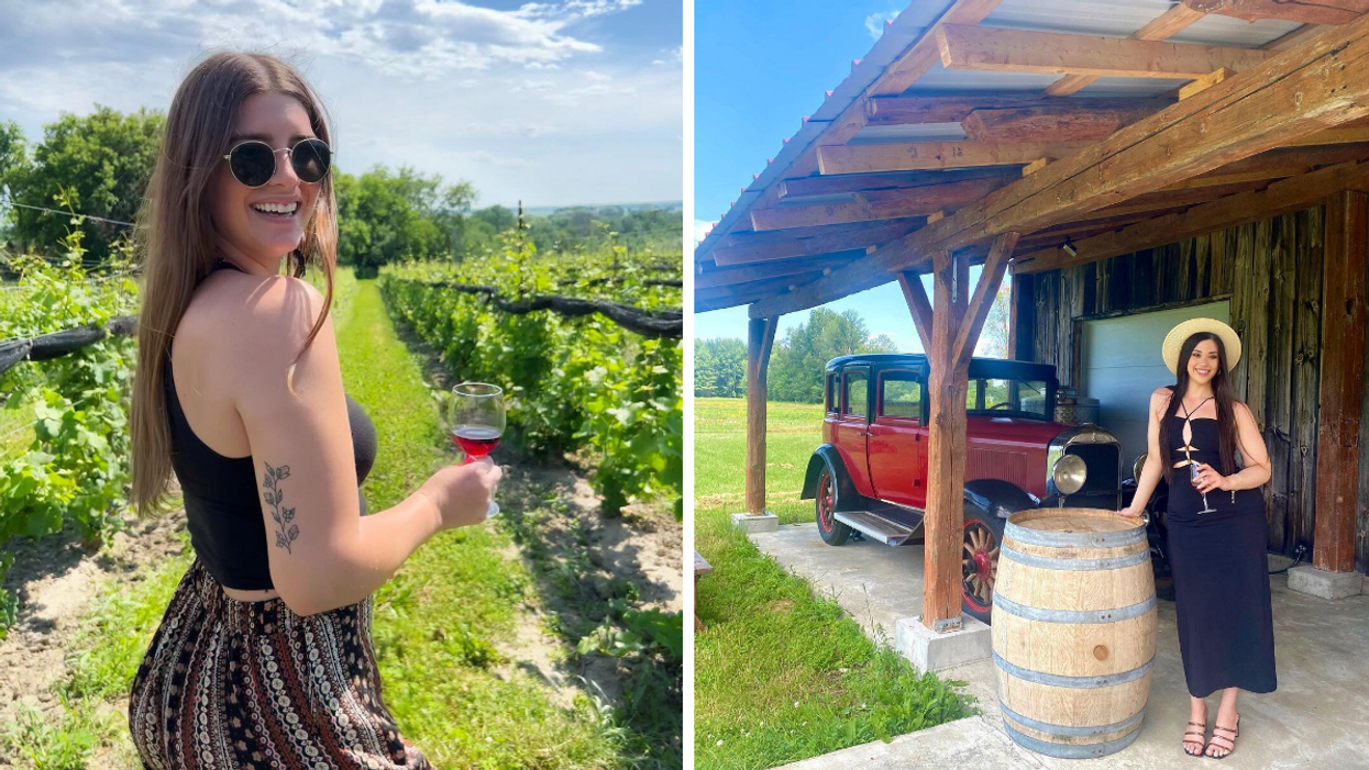 Drinking wine in an Ontario vineyard. Right: Barn winery and vintage car at Little Red Wagon Winery.