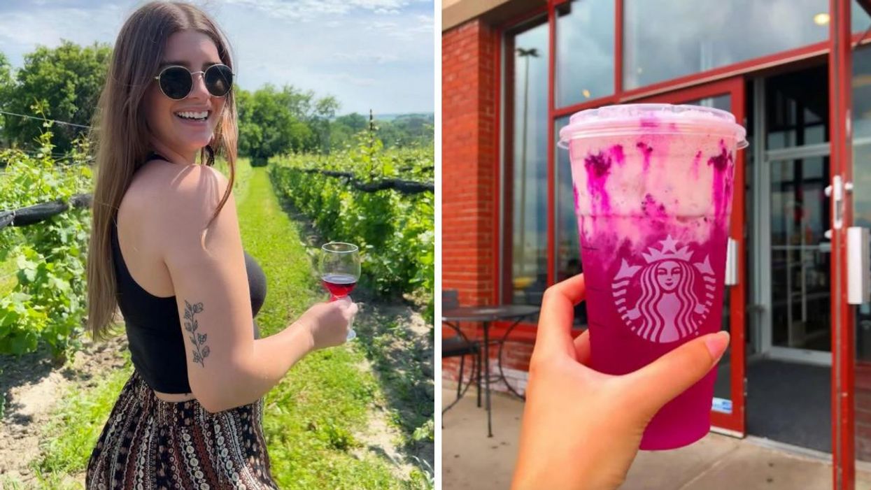 Drinking wine in an Ontario vineyard. Right: The secret 'Upside Down' from Starbucks.