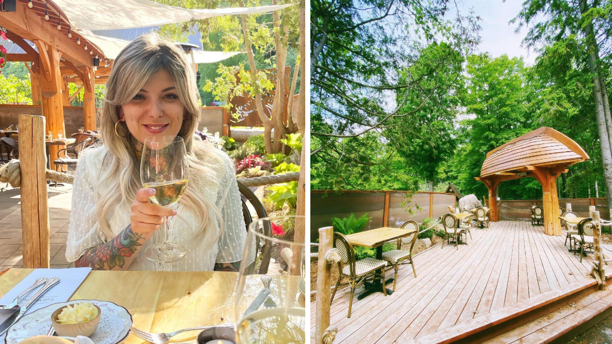 Drinking wine on an upscale restaurant patio. Right: Wooden garden patio surrounded by trees.