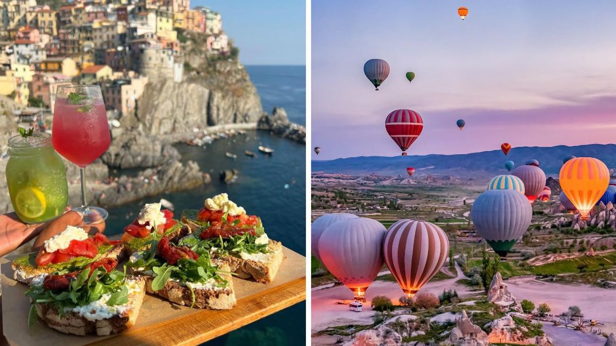 Drinks and tasty snacks in front of a scenic view in Italy. Right: Hot air balloons take off in Turkey.